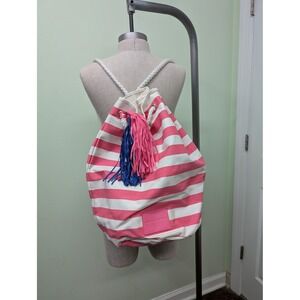 Victoria's Secret Pink White Striped Canvas Rope Drawstring Backpack Tassels